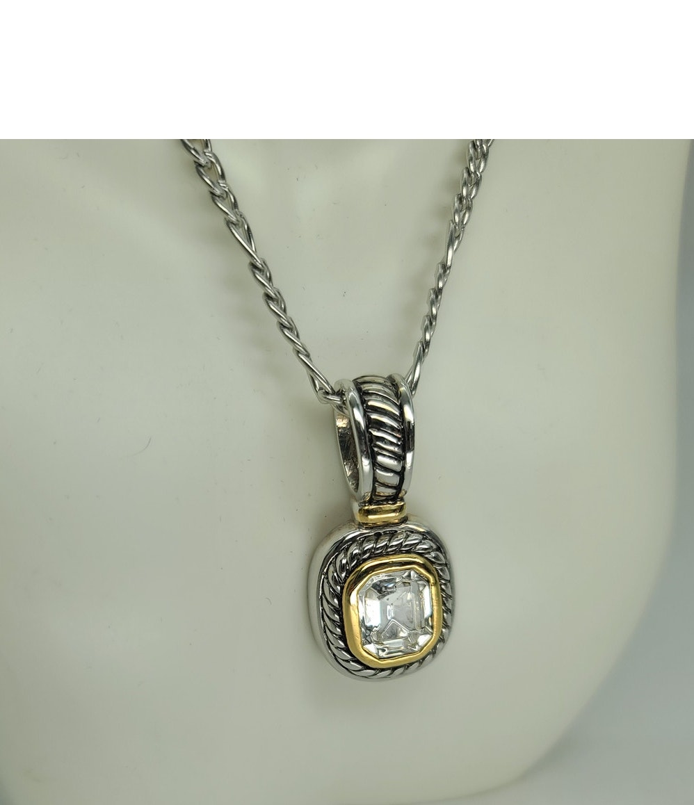 Vintage Renaissance Revival Design Jewelry 2-Tone Clear Cubic Zirconia Necklace